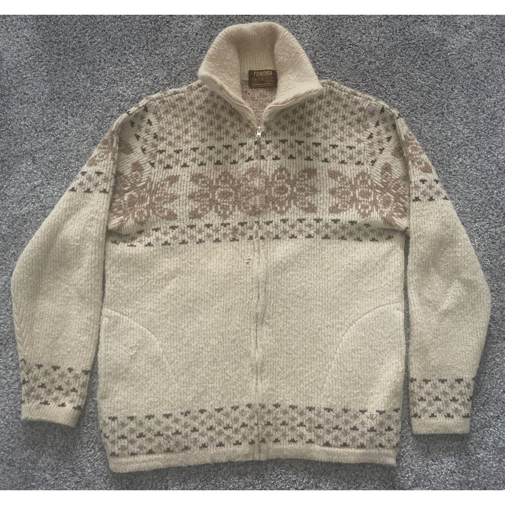 Vintage 70s XL Tunda Canadian Virgin Wool Collared Lebowski Cardigan Sweater